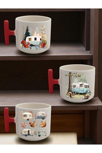 lili hediyelik Squirrel and Caravan Printed Ceramic 3-Piece Coffee Mug Mug Cup - Home Kitchen Office Workplace Utensil