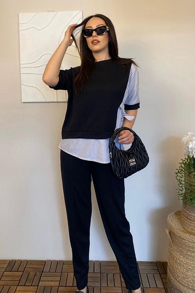 Ded COLLECTION Women's Tie-Up Shirt Detailed Short Sleeve Top and Carrot Pants Double Modal Suit