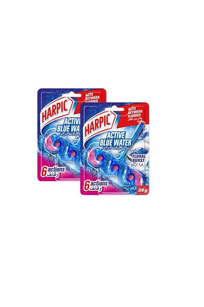 Harpic Active Blue Water Toilet Cleaner Rim Block, Floral Burst Scent, 35g x 2