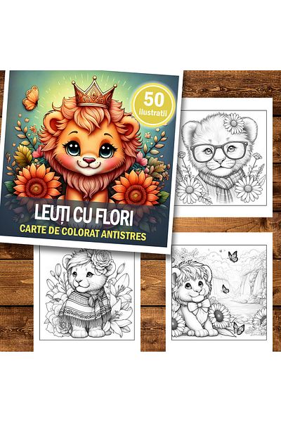Legendary Gifts Mini coloring book for relaxation and anti-stress, 50 illustrations of Lions with flowers, 106 pages