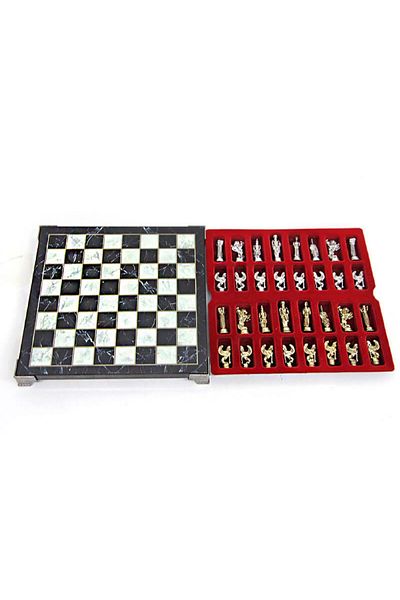 KT HOME Metal Chess Set Metal Chrome Plated Roman Soldiers Figured Wooden Chess Board 25 X 25