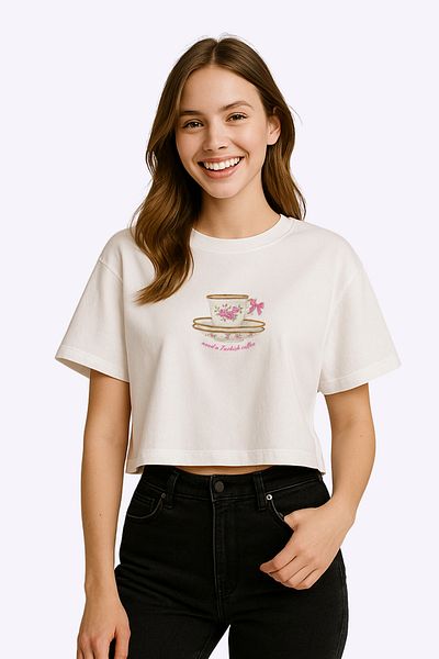 FANA Women's Oversize Semi Crop T-Shirt - Pink Cup Printed "Need a Turkish Coffee" Coquette Design