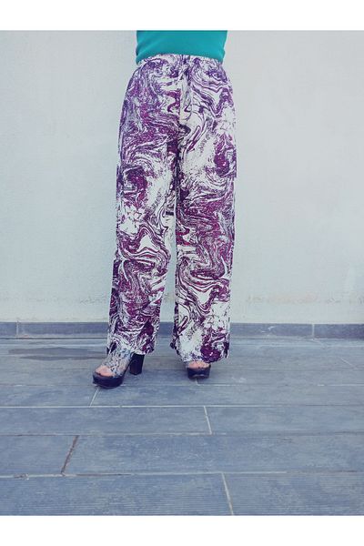 hoaryage Ethnic Patterned 100% Cotton Viscose Pressed Trousers with Elastic Waist36-44Sizes