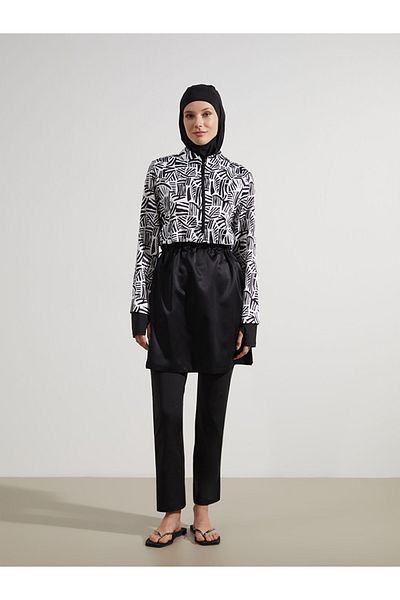 LC Waikiki Black Stand Collar Patterned 3 Piece Women's Hijab Swimsuit Set
