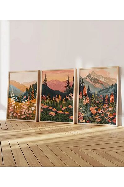 NT Handmade Natural Wood Framed Uv Printing 3-Piece Landscape Pattern Painting Set – Modern & Stylish Wall Decor