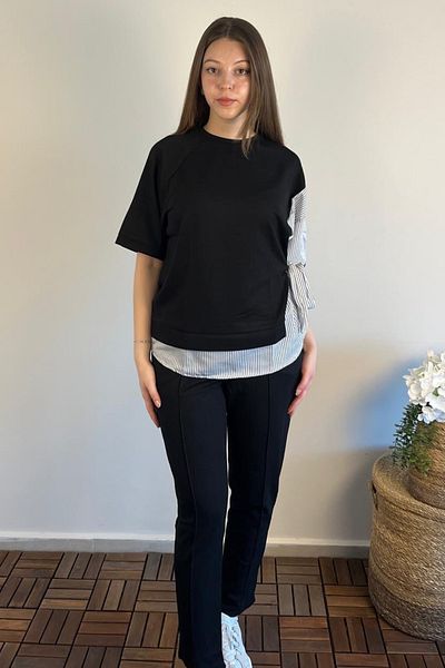 Ded COLLECTION Women's Tie-Up Shirt Detailed Short Sleeve Top and Carrot Pants Double Modal Suit