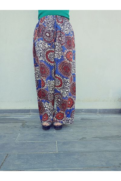 hoaryage Ethnic Patterned 100% Cotton Viscose Pressed Trousers with Elastic Waist38-48Size