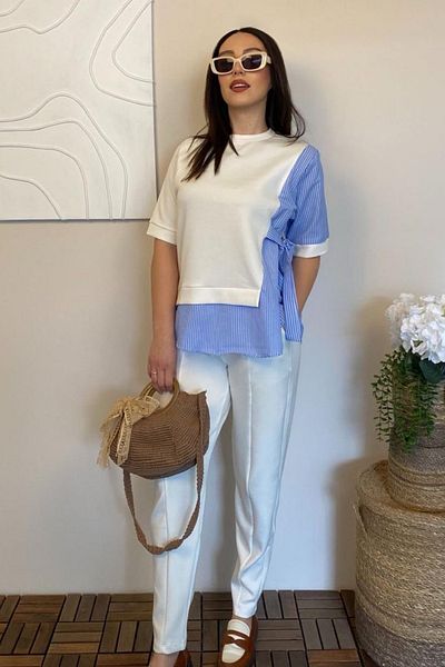 Ded COLLECTION Women's Tie-Up Shirt Detailed Short Sleeve Top and Carrot Pants Double Modal Suit