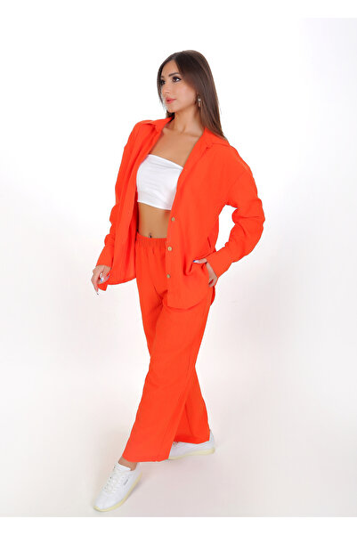 BRN Women's Orange Loose Polyester Shirt Pants Set - Summer Casual Two-Piece Set
