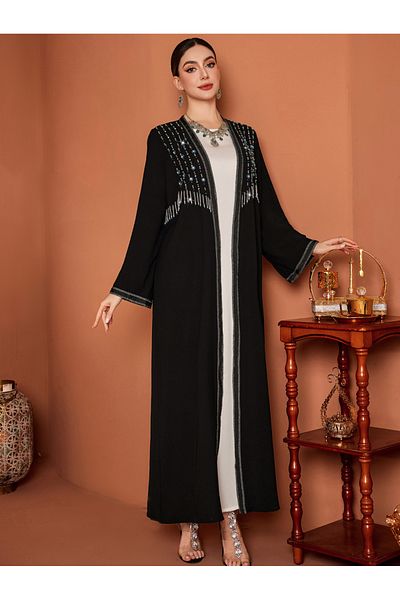 Styli Beaded Embroidered Long Sleeve Kimono with Tassel Detail