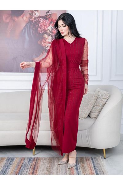 Nice Model Elegant Long Sleeve Crepe Evening Dress with Draped Tulle Shawl - Formal Occasion Gown