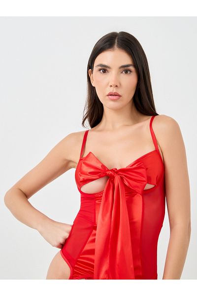 Styli Solid Big Bow Decoration Wired Corset Top with Thong set
