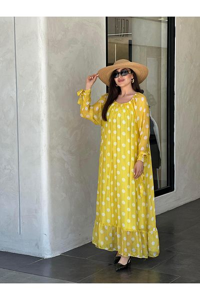 Ranasubaşı Silk Polka Dot Dress Yellow