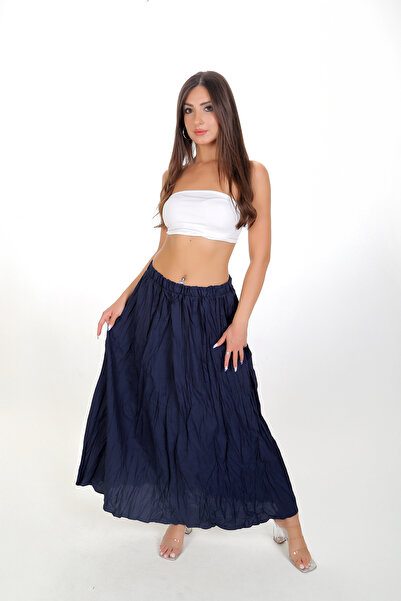 BRN Fusta lungă de vară, încrețită, albastru marin – talie înaltă , Confortab...