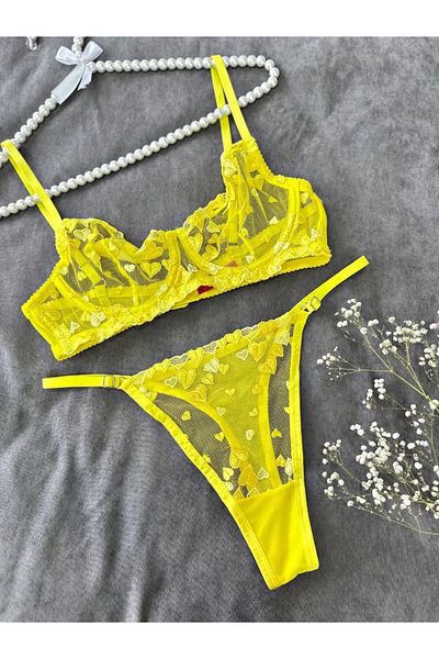HappyZEY Set de lenjerie intimă sutien și tanga cu broderie inimă galbenă
