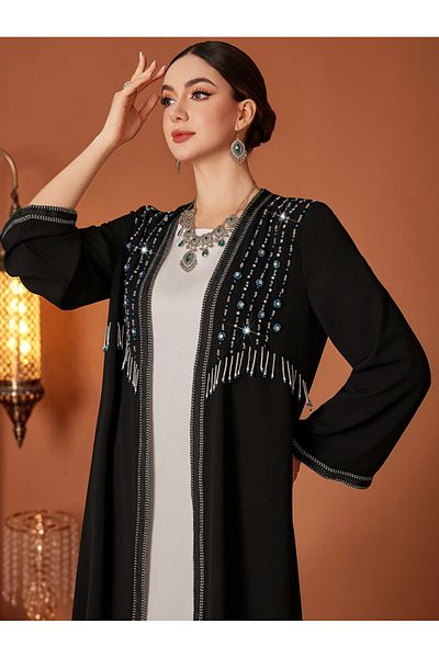 Styli Beaded Embroidered Long Sleeve Kimono with Tassel Detail