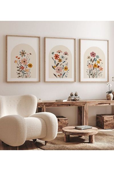 NT Handmade Natural Wooden Framed Uv Printing 3-Piece Wall Painting – Modern & Stylish Floral Wall Decor