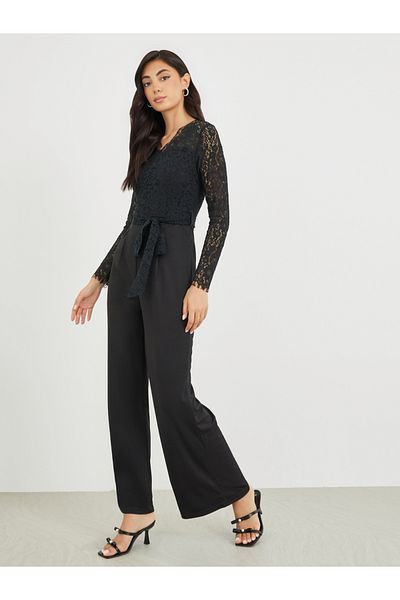 Styli Long Sleeve Lace Insert Wide Leg Jumpsuit