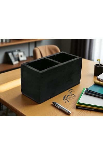 Krb Ahsap Wooden Compartment Pen Holder, Pen Box, Wooden Pen Holder, Black Table Top Pen Holder
