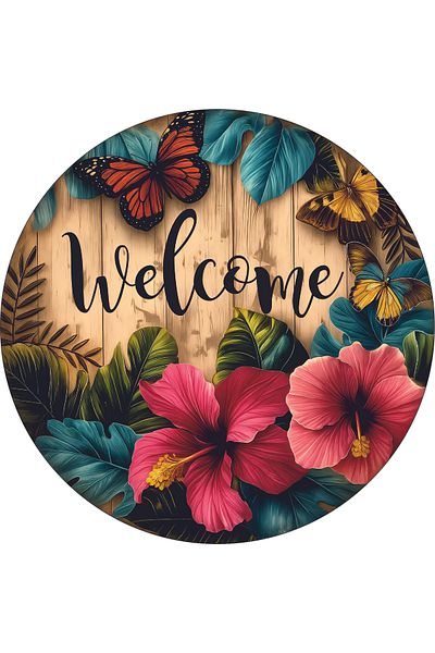 estölye Welcome Door Ornament 2D Tropical Flowers and Butterflies Decorative Print Door Ornament