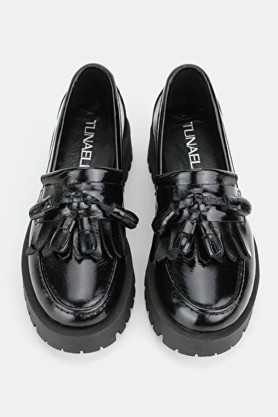 TUNAELLİ KADIN SİYAH RUGAN HAKİKİ DOĞAL DERİ 36-41 NUMARA PÜSKÜLLÜ LOAFER AYAKKABI