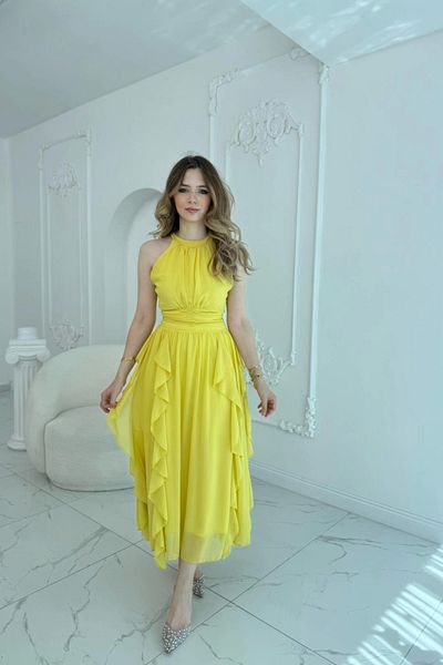 HELİS BUTİK Ruffled Yellow Chiffon Dress with Gathered Front Skirt