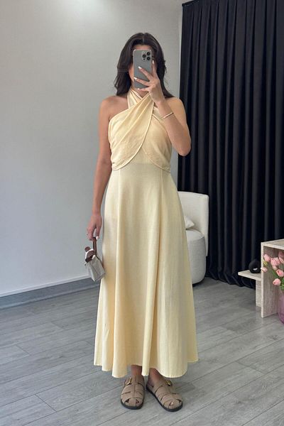 ECEMİ Holy Yellow Lacing Detail Double Breasted Dress