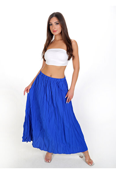 BRN albastru cobalt Fusta lungă de vară, lejeră, încrețită – talie înaltă , C...