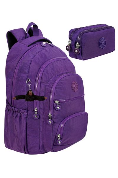 çantamgelsin Set of 2 Luxury Crinkle Fabric High School and Middle School Backpack + Pen Holder, Monkey Keychain Gift