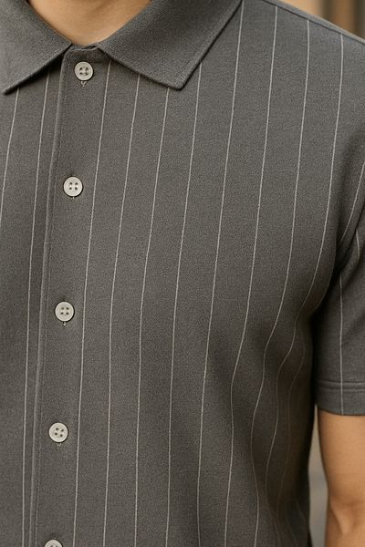 DAMGA JEANS Men's Summer Short Sleeve Striped Smoked Loose Shirt