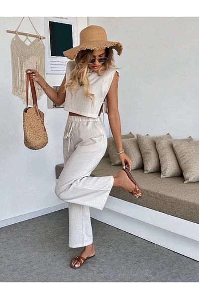 alluria Side-Tied Detailed Trousers Suit Beige