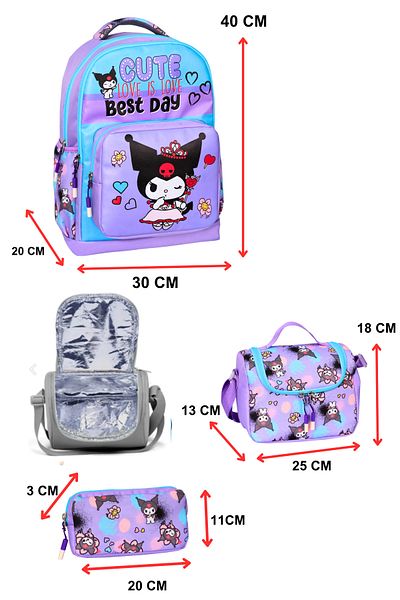 Çanta Trend 3-Piece Primary School Kuromi Printed Lilac, Girl's School Bag with Nutrition and Pen Holder