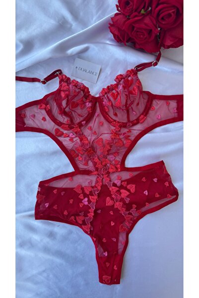 DUALANCE Kırmızı Kalpli Brode Balenli Kapsız Bodysuit