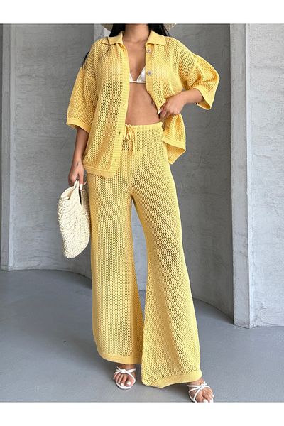 erki triko Openwork Shirt Collar Pareo Bottom-Top Knitwear Set