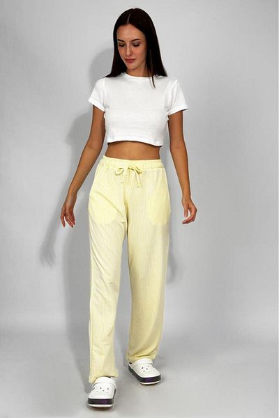 Betimoda Women's Adjustable Waist Striped Pocket Trousers Yellow