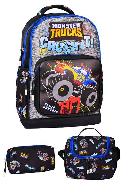 çantamgelsin Geantă de școală pentru 3 ani pentru școala primară cu imprimeu Monster Car, cu nutriție pentru băieți și suport pentru creion