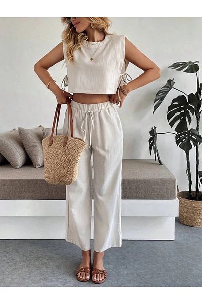 alluria Side-Tied Detailed Trousers Suit Beige
