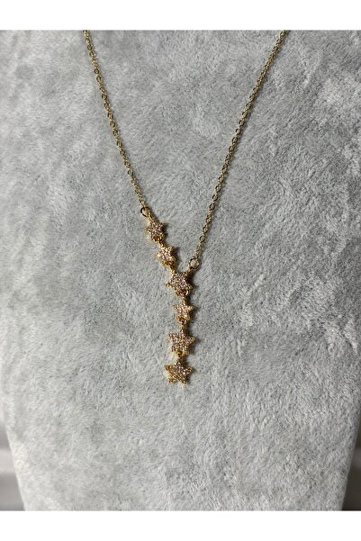 Uzak Işıklar Yıldız model V Kolye Zirkon Taşlı Çelik Gold