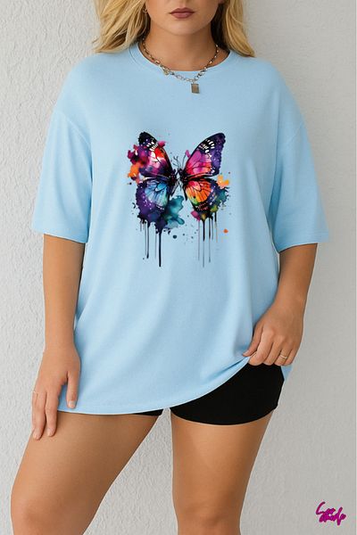 SevMode In the Cart, 1 T-Shirt Is a Gift for Purchases of 5 or More - Colorful Butterfly Printed Large Size T-Shirt