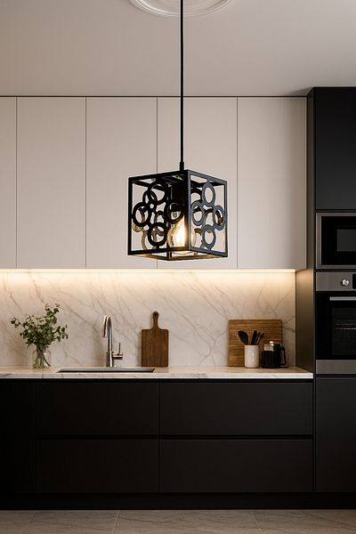 ARTILED Black Metal Curved Patterned Pendant Chandelier – Modern Decorative Lighting for Bedroom and Living Room