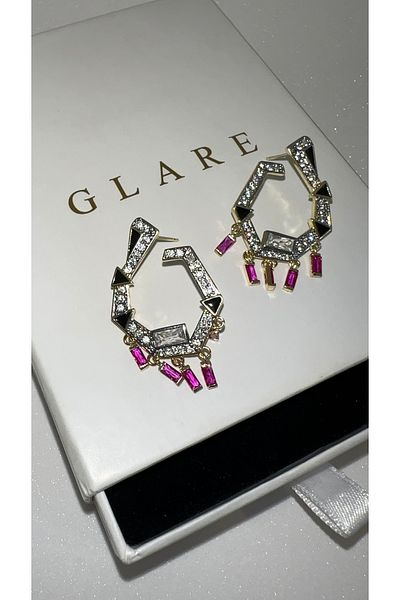 GLARE JEWELRY Melis Göral Model Geometric Black Enamel Zircon Pink Stone Luxury Steel Earrings