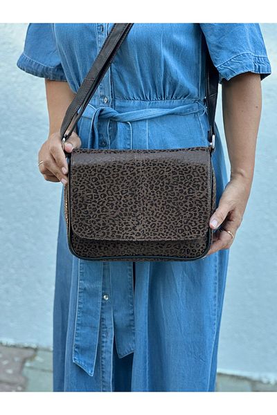 Deribag Piele autentică, mărime medie, model leopard maro, curea încrucișată, geantă de umăr pentru femei 25*21*8 cm