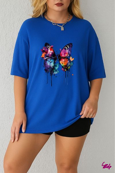 SevMode In the Cart, 1 T-Shirt Is a Gift for Purchases of 5 or More - Colorful Butterfly Printed Large Size T-Shirt