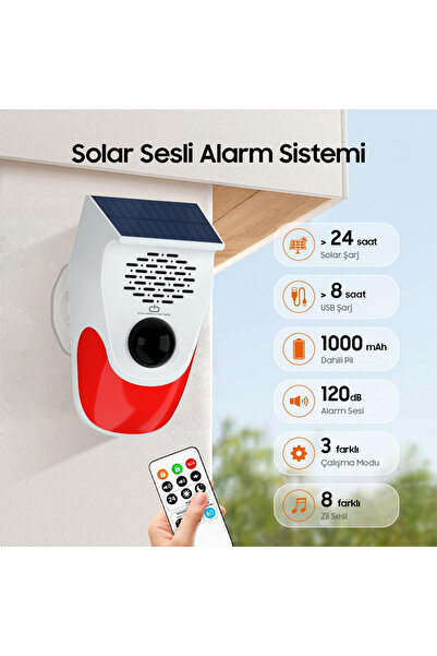 nelerbulurum KUMANDALI SOLAR SESLİ 3 FARKLI MODLU 8 FARKLI ZİL MODU IŞIKLI 120DB ALARM SİSTEMİ