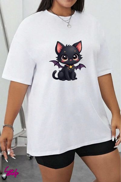 SevMode In Cart 5 and Above Purchases Get 1 T-Shirt as a Gift - Black Cat Printed Large Size T-Shirt
