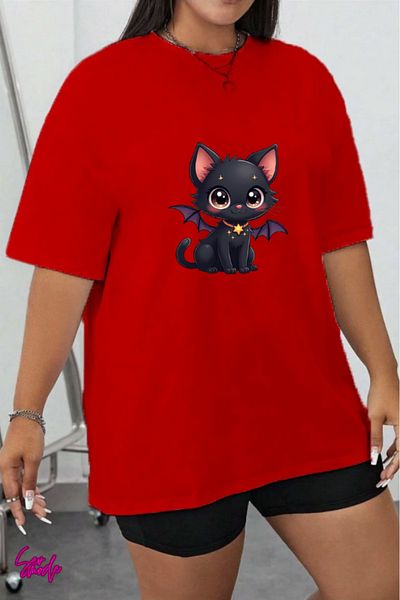 SevMode In Cart 5 and Above Purchases Get 1 T-Shirt as a Gift - Black Cat Printed Large Size T-Shirt