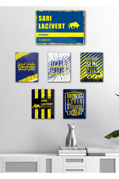 TABLOX 6 Parça "fęnęrbahçe" Sarı Lacivert Taraftar Sözleri Kanarya Dekoratif Mdf Tablo Retro Tabela