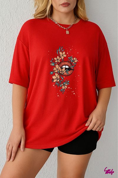 SevMode In the Cart, 1 T-Shirt Gift for Purchases of 5 or More - Large Size T-Shirt with Floral Lip Print