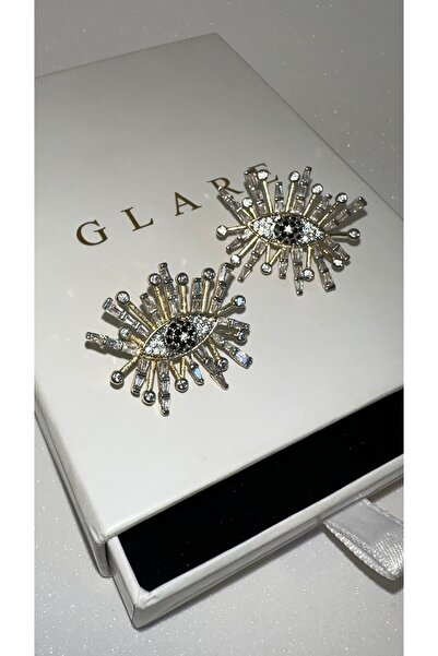 GLARE JEWELRY Göz Model Tasarım Taşlı Çivi Paslanmaz Çelik Küpe Göz Ortası Mavi Taş Detaylı