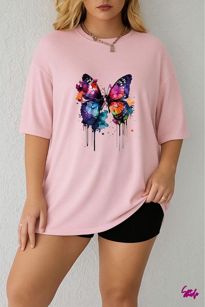 SevMode In the Cart, 1 T-Shirt Is a Gift for Purchases of 5 or More - Colorful Butterfly Printed Large Size T-Shirt